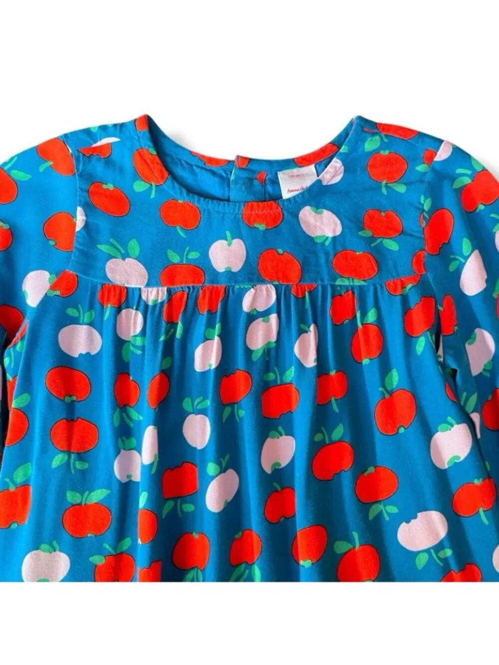 Hanna Andersson Girls Dress Sz 8 130 Blue Red Pink Apple Print Long Sleeve